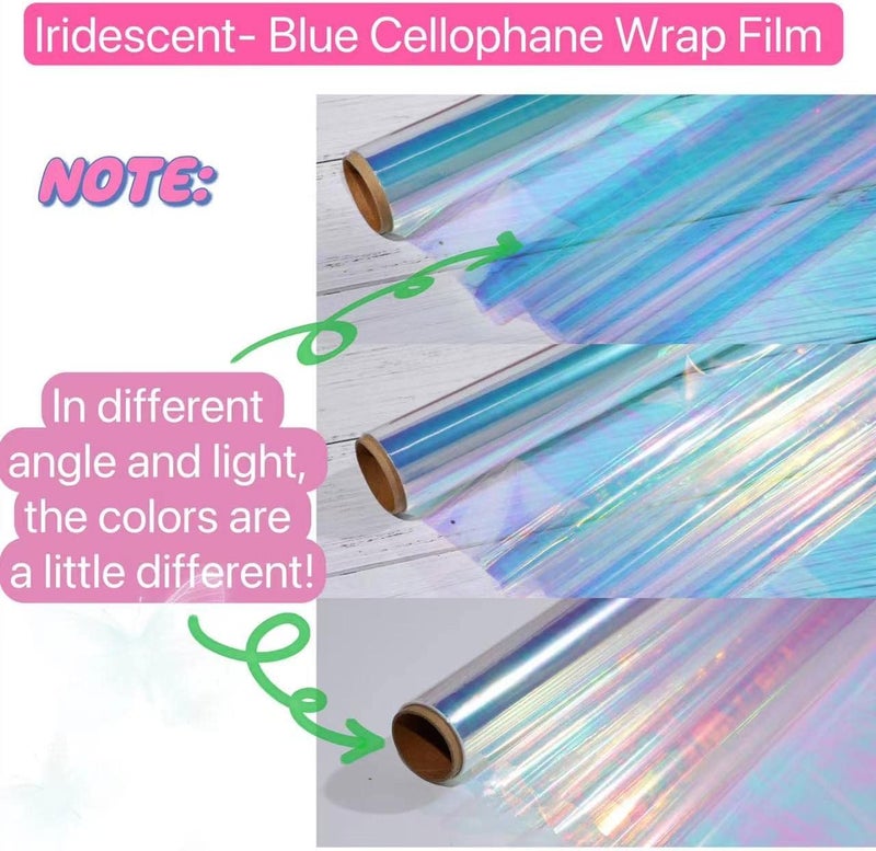 shareluck 1 Roll 50ft Iridescent Light Blue Cellophane Wrap for Gift Baskets - Colored Cello Wrap - Rainbow Light Blue Wrapping Film (50' Long x 17" Wide) Colored Film Roll for, Fairy Wings, DIY Craft Babyshower. - Image 3